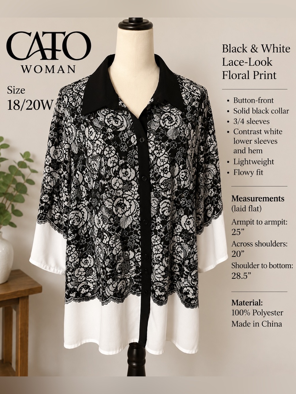 Cato Woman 18/20W Black White Lace Look Floral Bell Sleeve Blouse